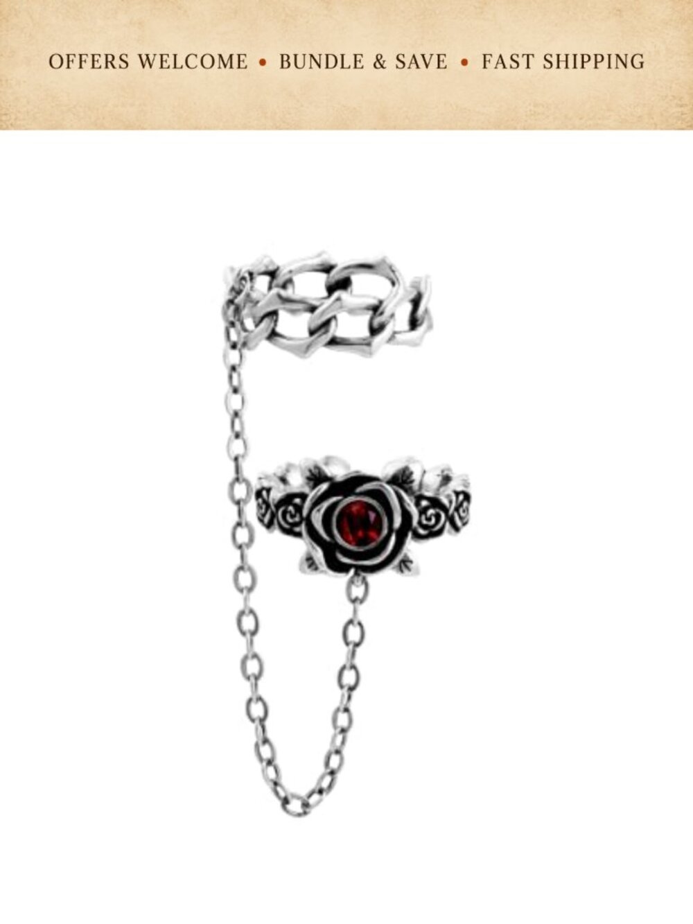 Adjustable Gothic Rose Two Finger Chain Ring Stackable Women's Jewelry
